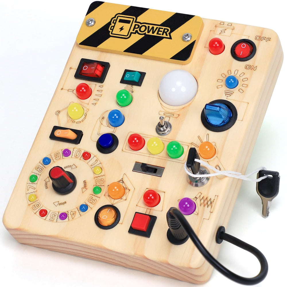 HarVow Busy Board with LED switches in action for engaging toddler play