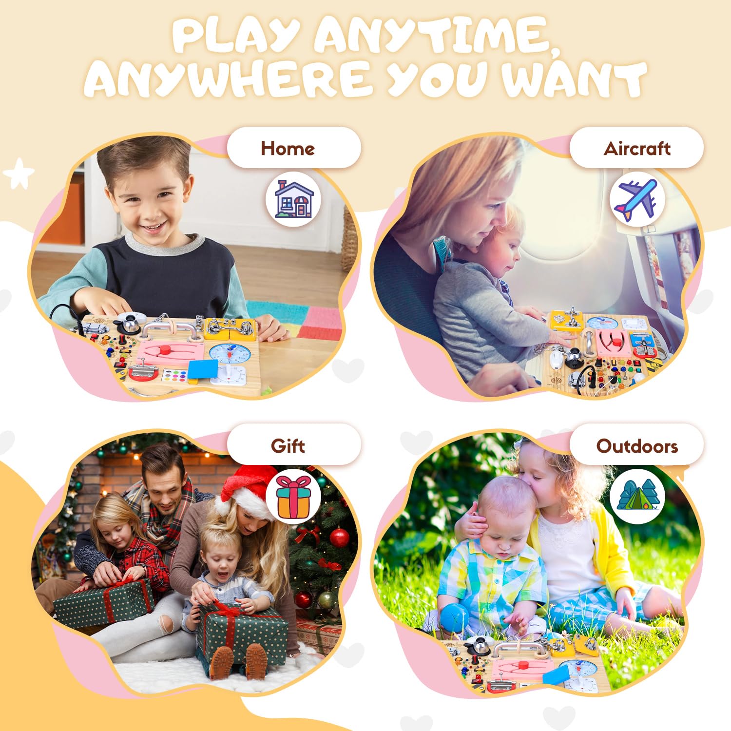 HarVow Busy Board wooden construction builds coordination and problem-solving through tactile exploration.