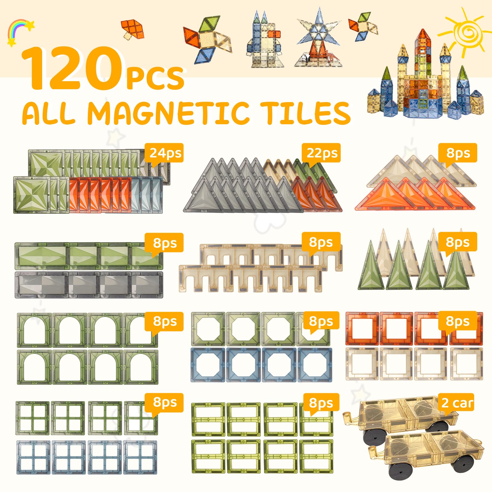 HarworLife two cars accompany magnetic tiles for imaginative construction.