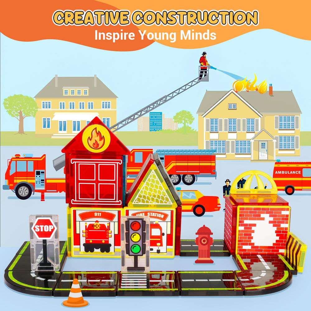HarworLife magnetic tiles set includes firefighter dolls and rescue vehicles for storytelling