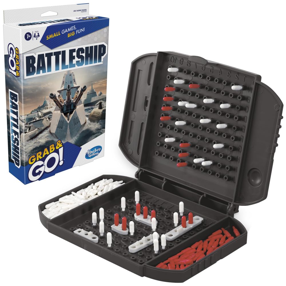 Hasbro Battleship Grab and Go compact case showcases portable ocean battle fun on the move.