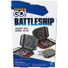 Hasbro Battleship Grab and Go ships and pegs storage neatly organized for mess-free play.