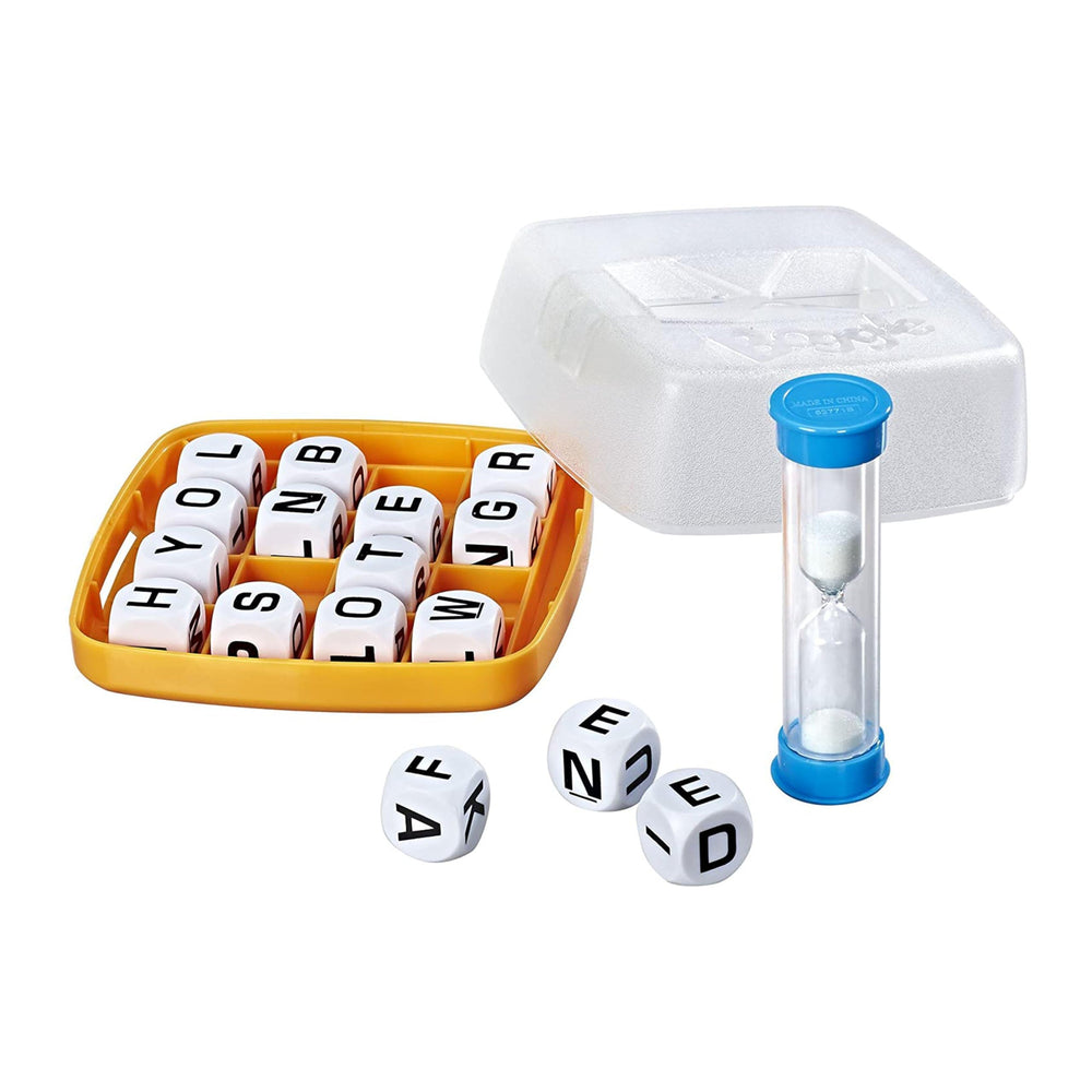 Hasbro Gaming Boggle grid shake action enhances word discovery.