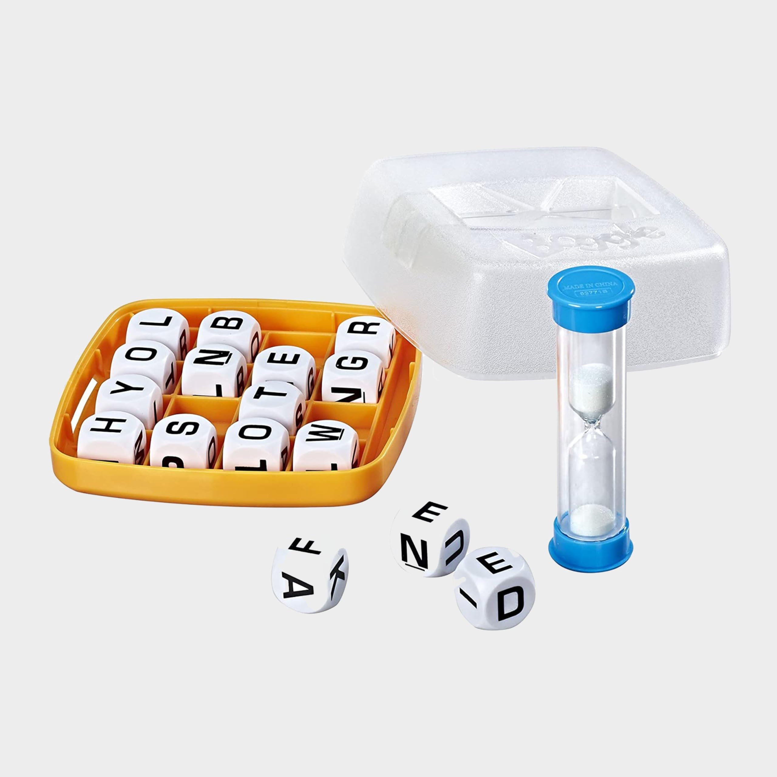 Hasbro Gaming Boggle portable travel case for on-the-go play.