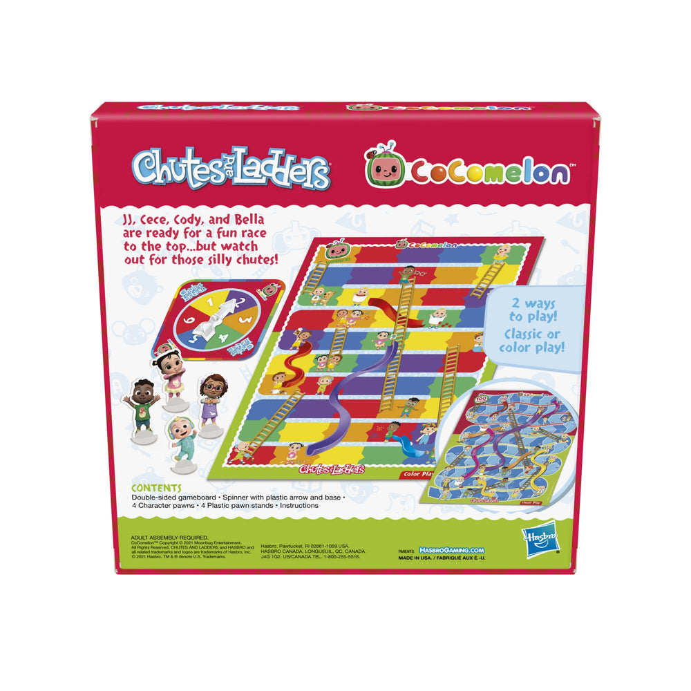 Hasbro Gaming Chutes and Ladders CoComelon Edition classic play side supports early numeracy.