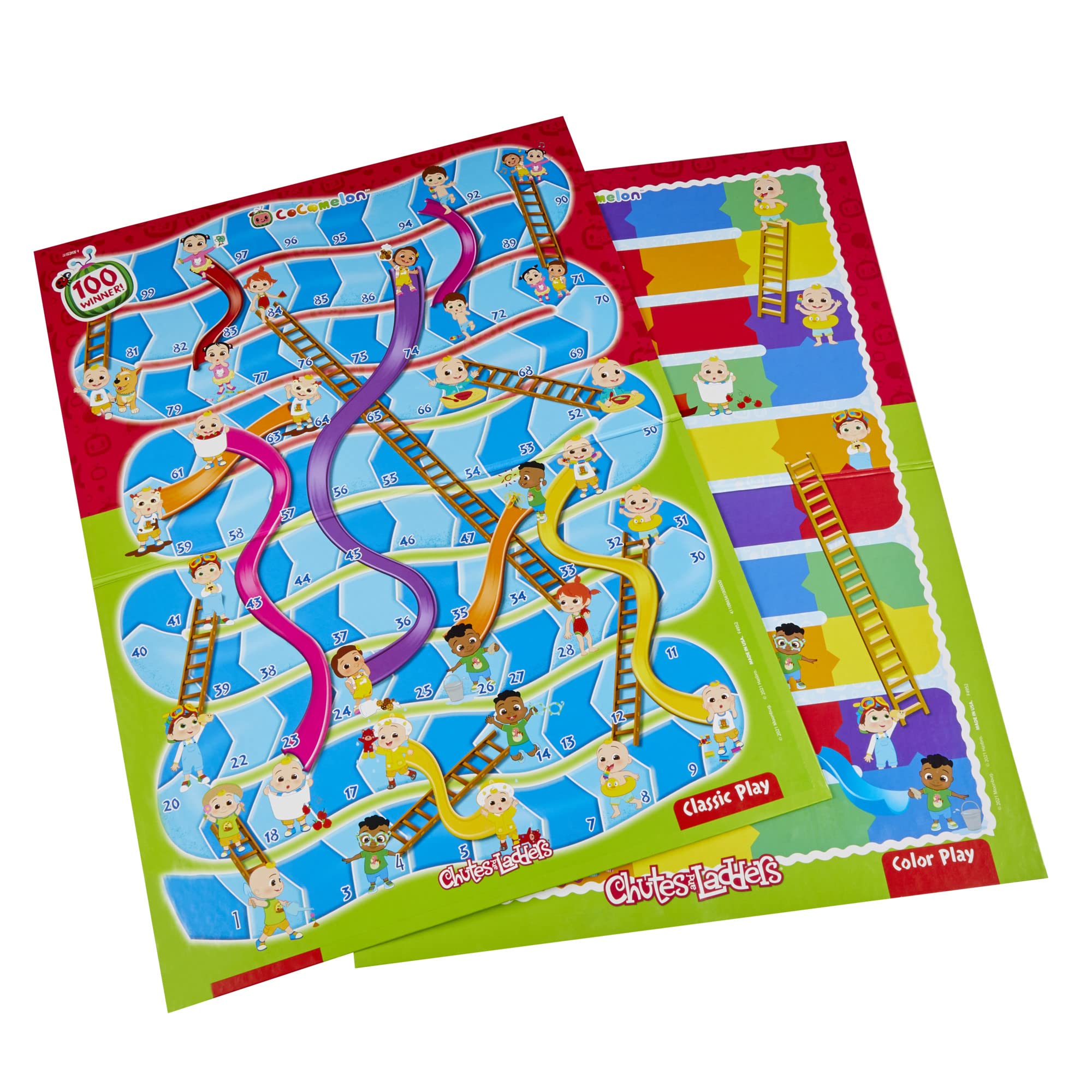 Hasbro Gaming Chutes and Ladders CoComelon Edition color play side helps color recognition.