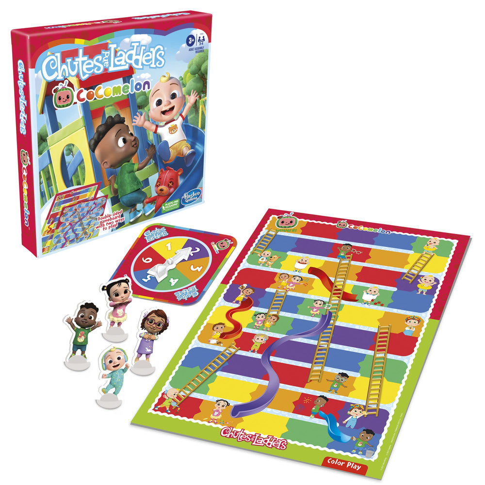Hasbro Gaming Chutes and Ladders CoComelon Edition double-sided board shows two modes.