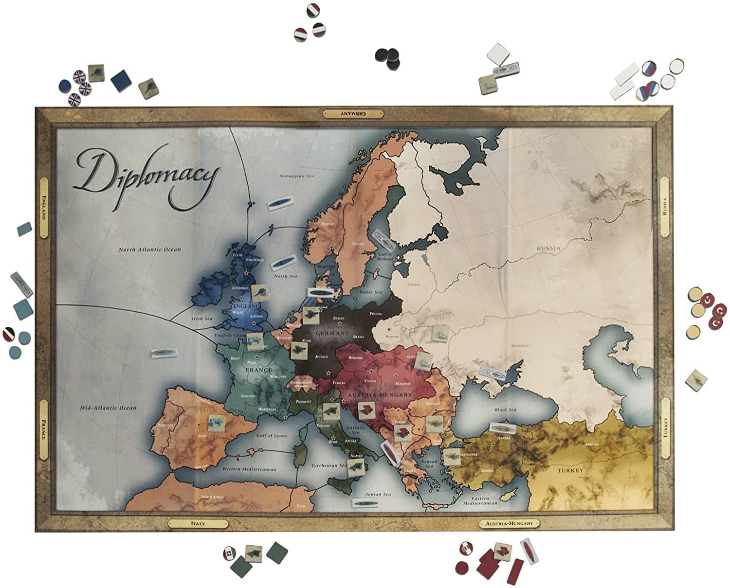 Diplomacy armies and fleets pieces from Hasbro Gaming enable precise territorial control decisions.