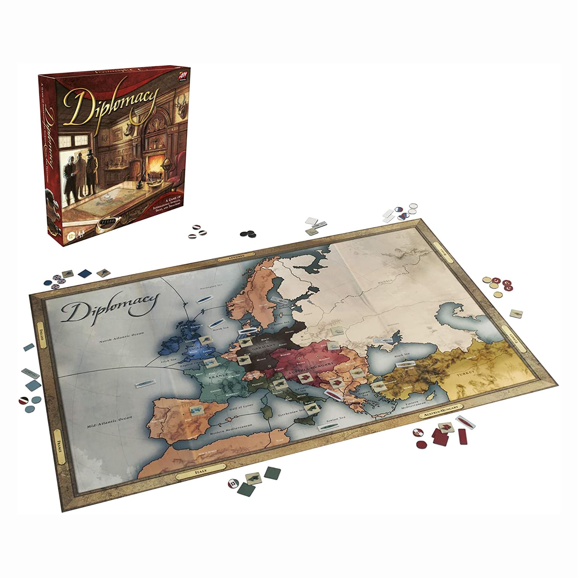 Hasbro Gaming Avalon Hill Diplomacy box opens for strategic alliances.