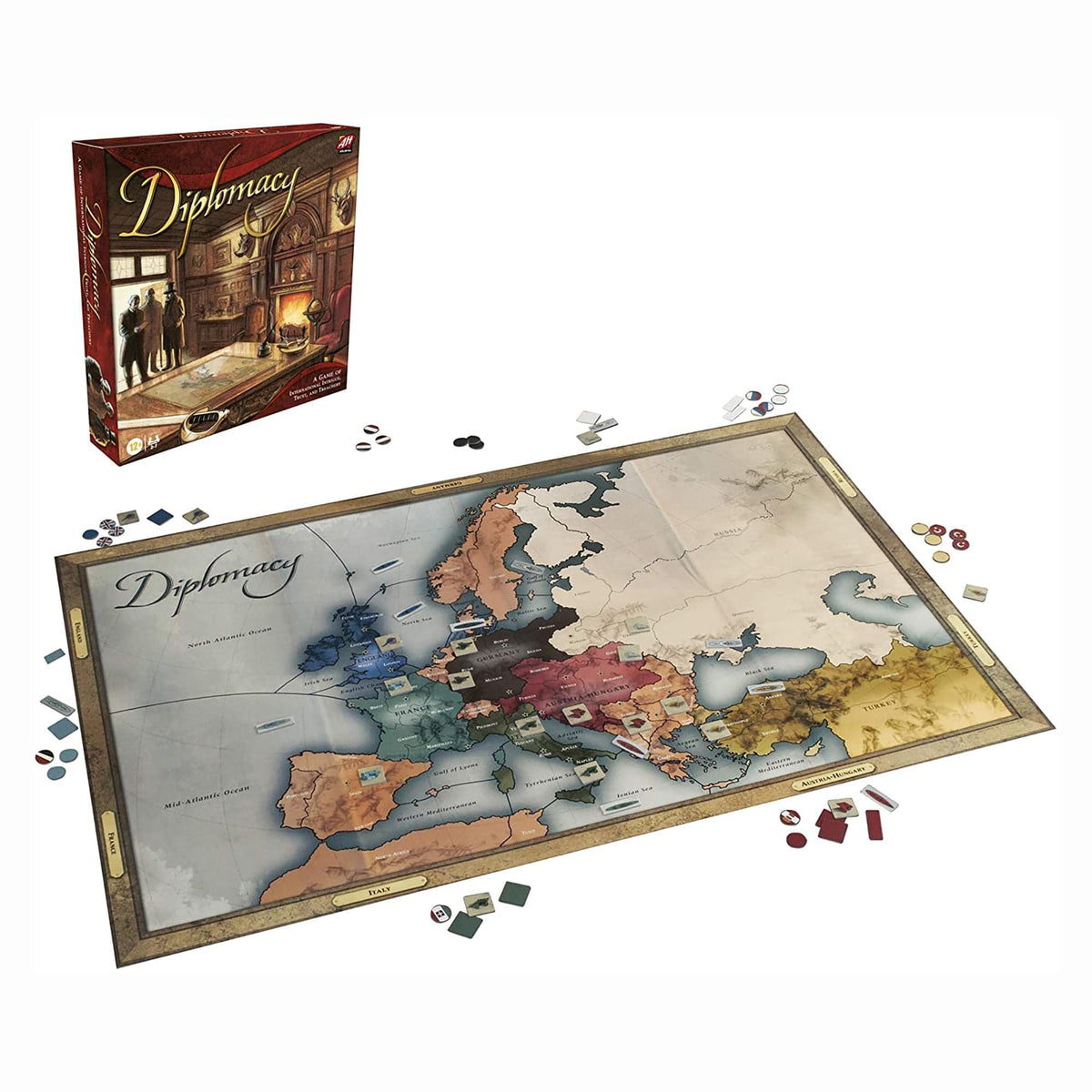 Hasbro Gaming Avalon Hill Diplomacy box opens for strategic alliances.