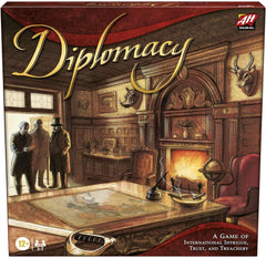 Players of Hasbro Gaming Diplomacy negotiate around the table during tense alliance talks.