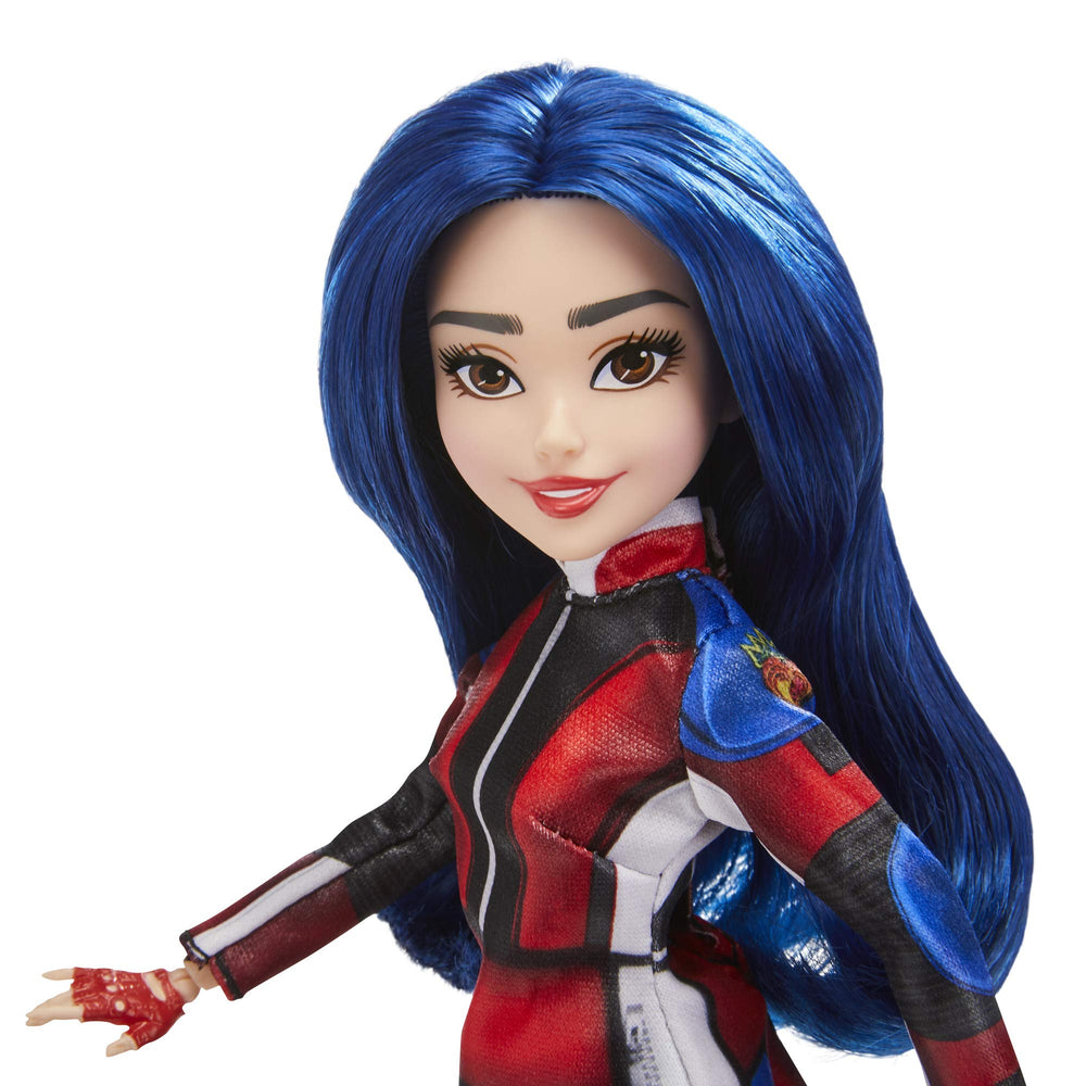 Close-up of Evie’s face highlighting bold fashion details