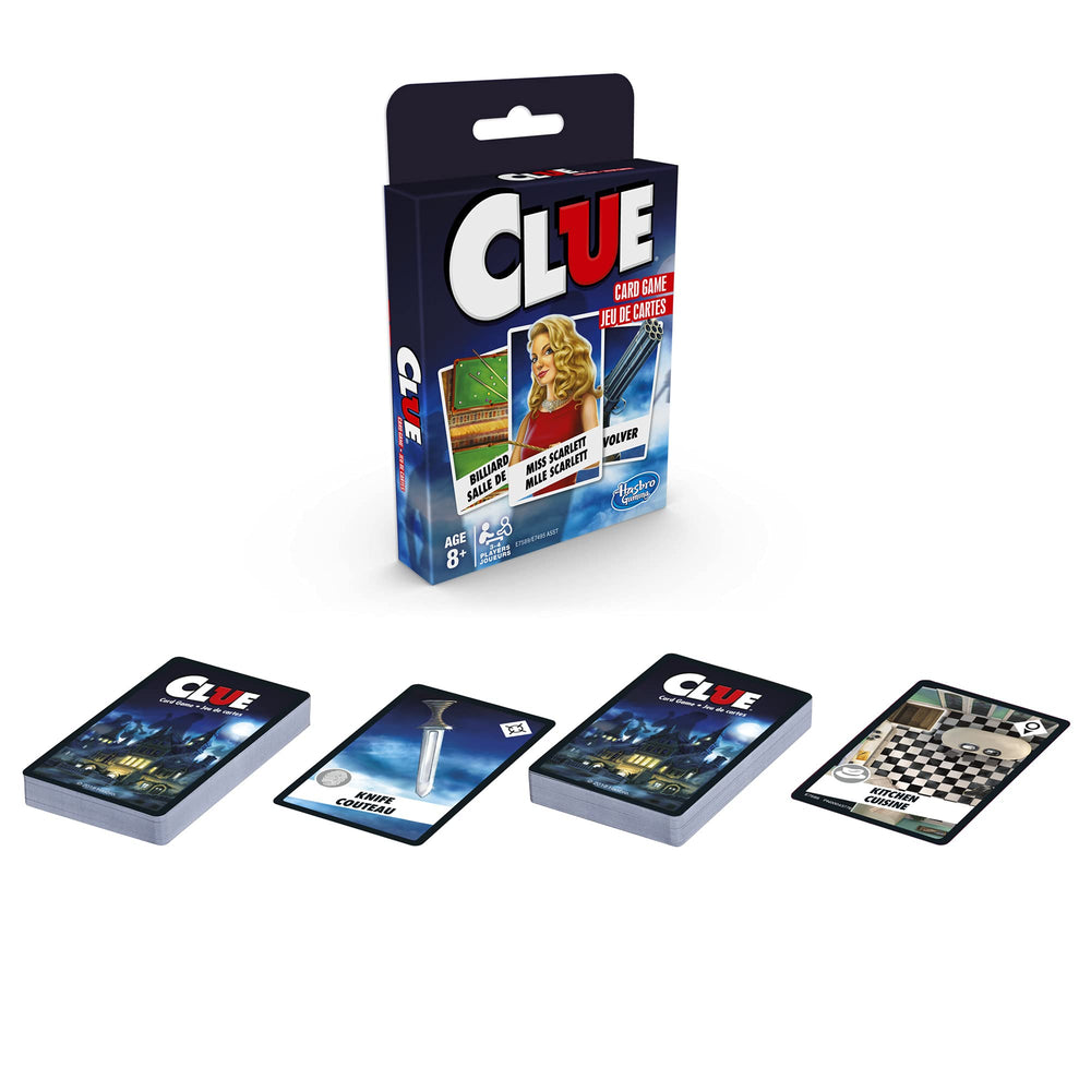 Hasbro Gaming Clue Card Game evidence cards displayed to support deductions
