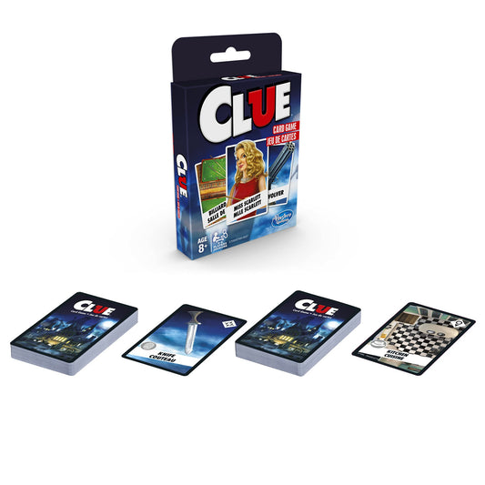 Hasbro Gaming Clue Card Game evidence cards displayed to support deductions