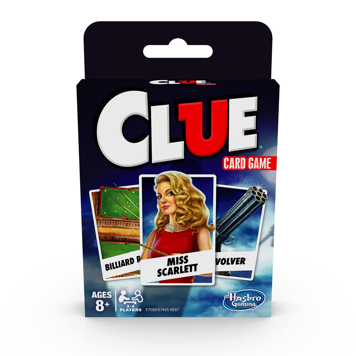 Hasbro Gaming Clue Card Game setup with cards and suspects ready for play