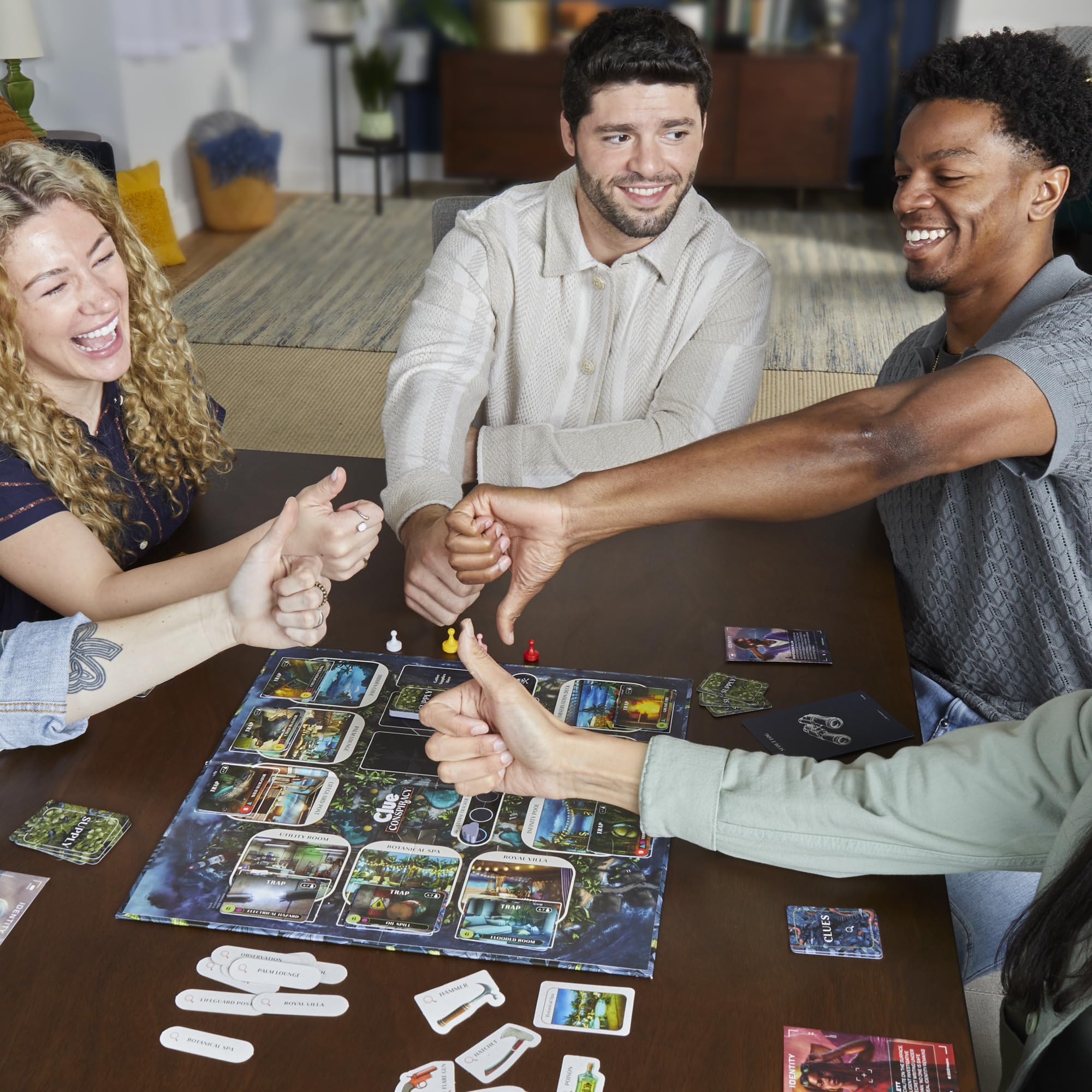 Hasbro Gaming Clue Conspiracy clue cards spark discussion and deduction.