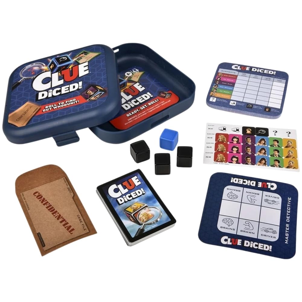 Hasbro Gaming Clue Diced case file envelope reveals clues for solving.