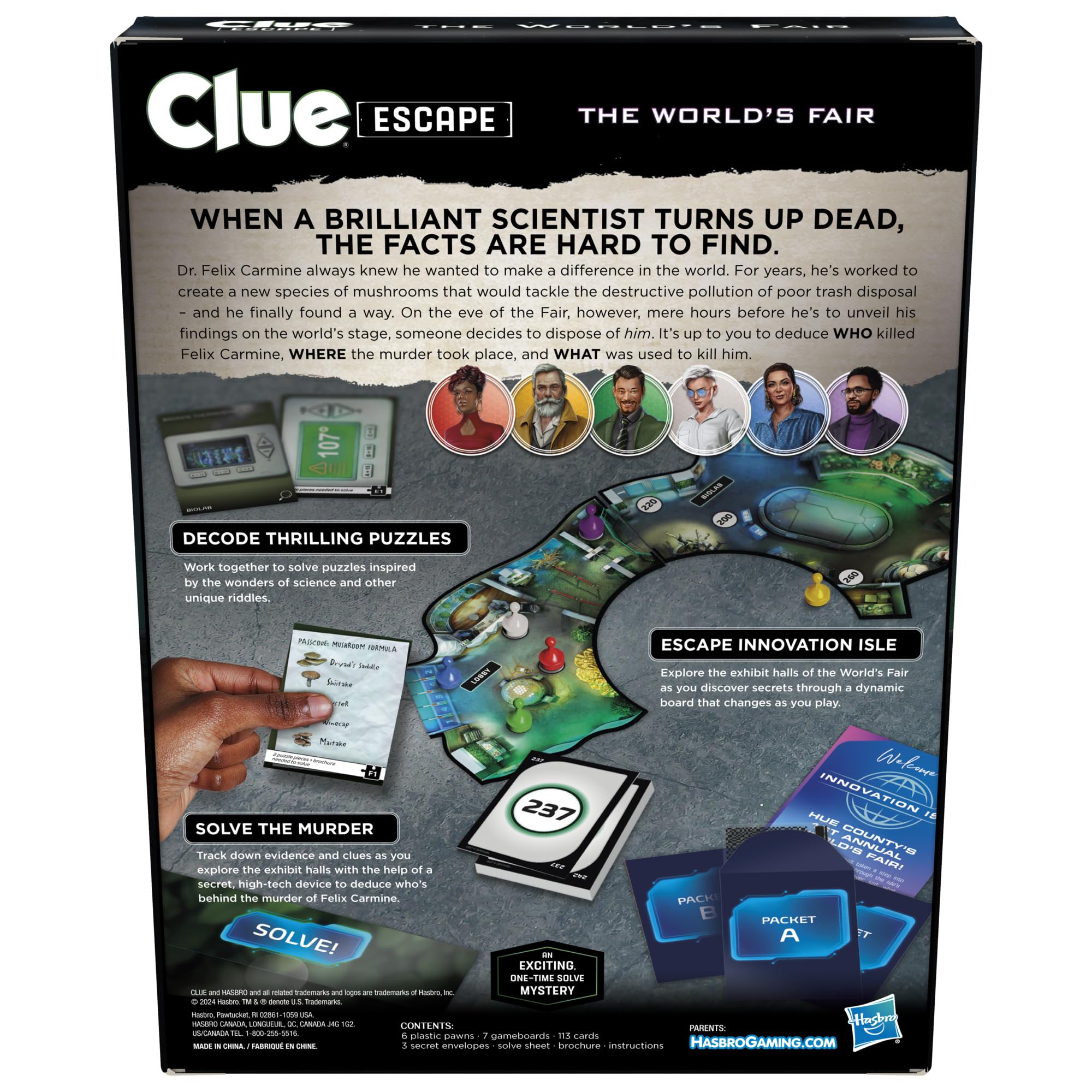 Hasbro Gaming Clue Escape World’s Fair pawns positioned on the board for teamwork.