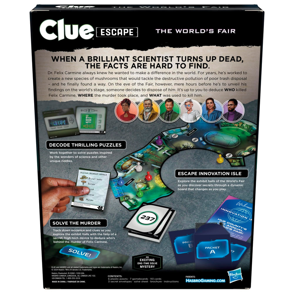 Hasbro Gaming Clue Escape World’s Fair pawns positioned on the board for teamwork.