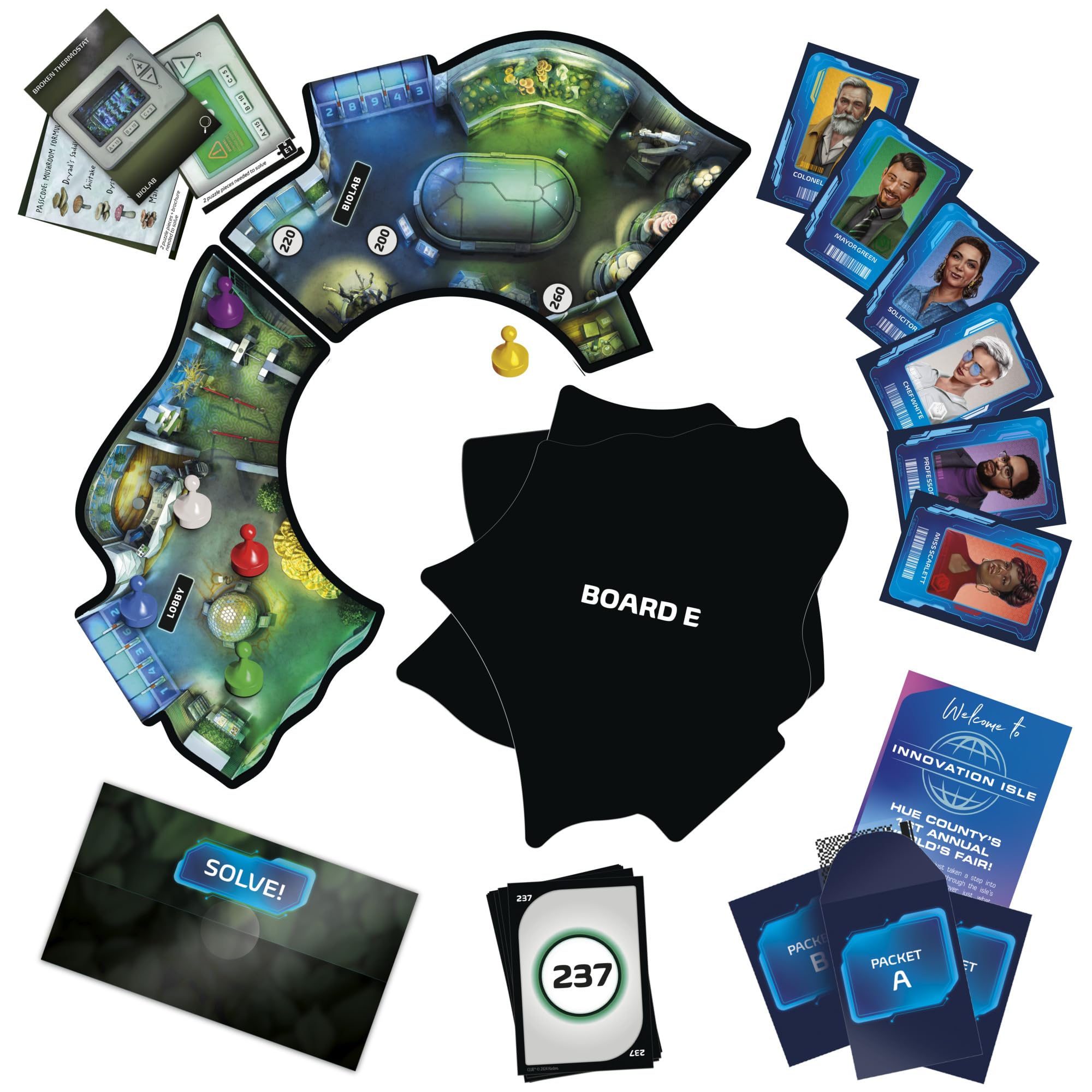 Hasbro Gaming Clue Escape World’s Fair puzzle cards guiding problem solving.