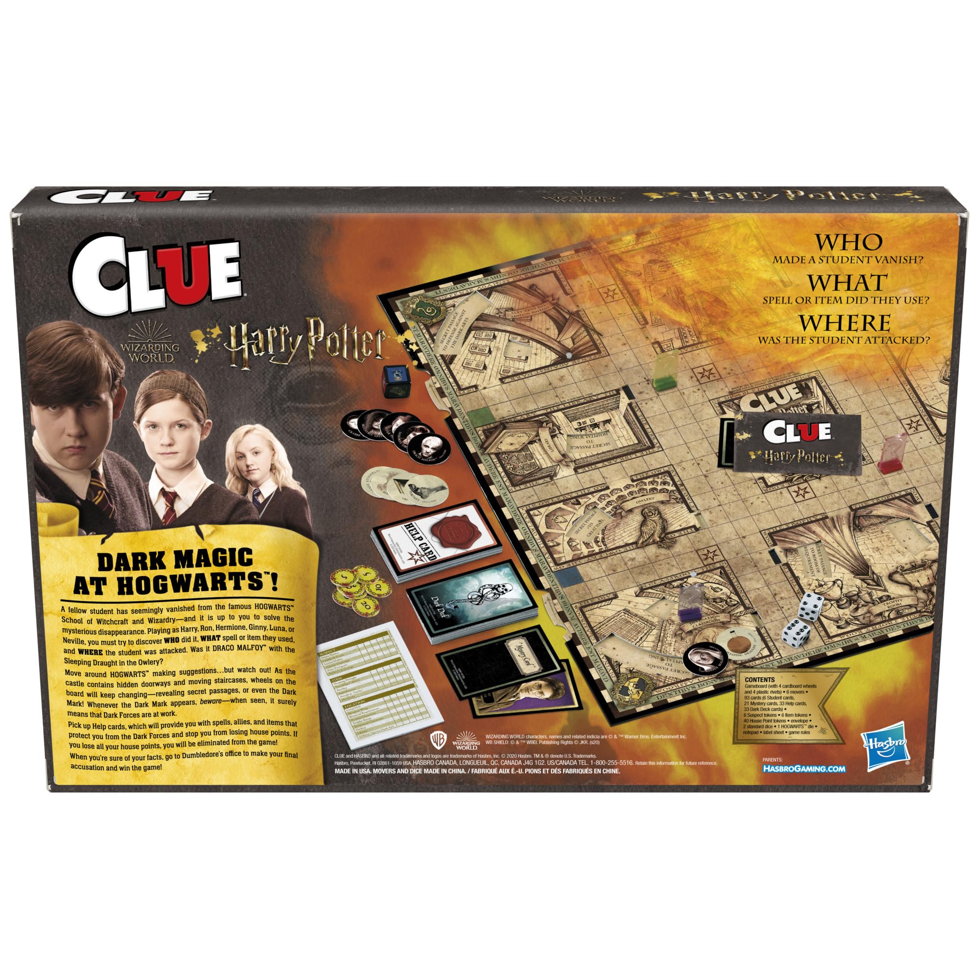 Hasbro Clue Wizarding World board highlights Hogwarts locations for mystery play.