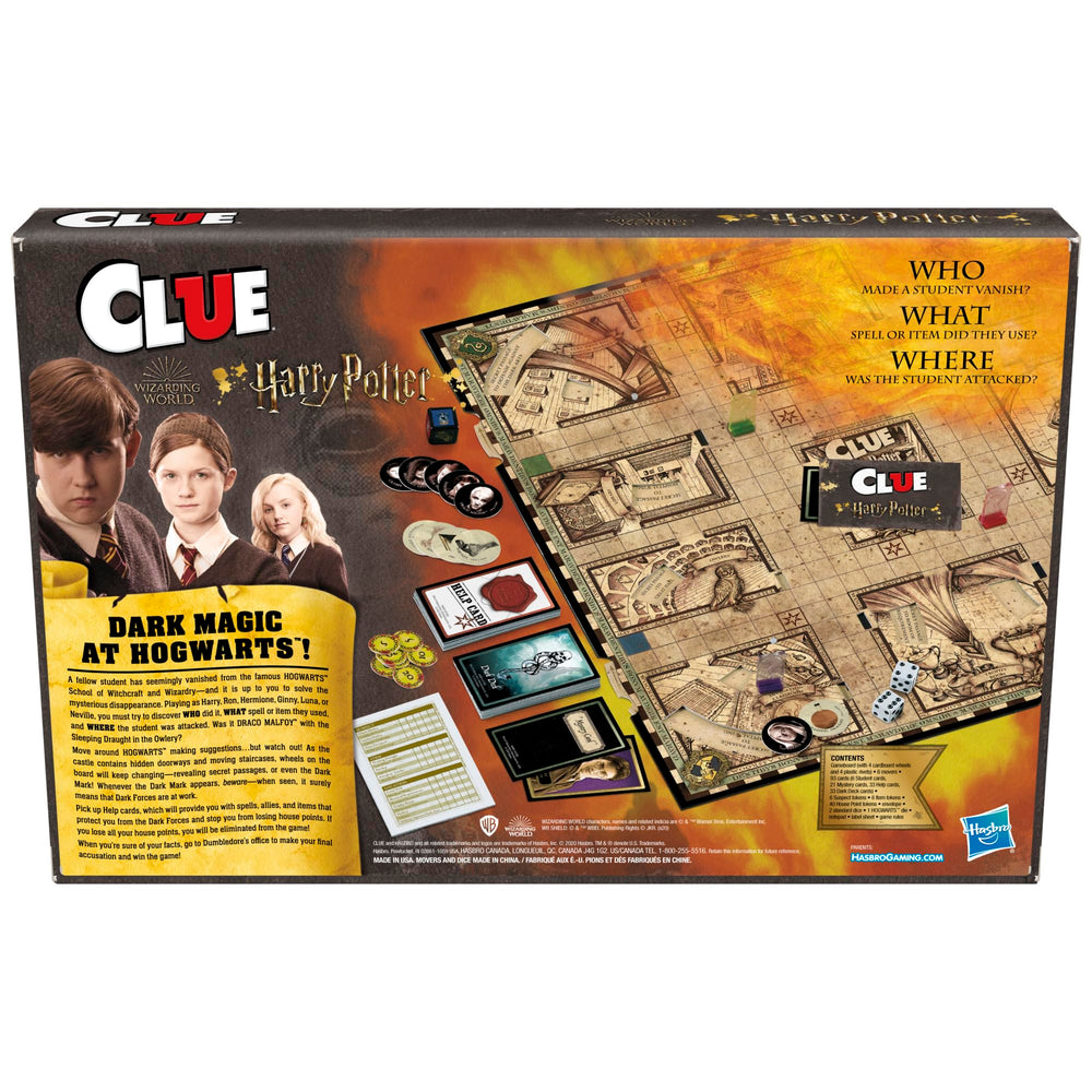Hasbro Clue Wizarding World board highlights Hogwarts locations for mystery play.