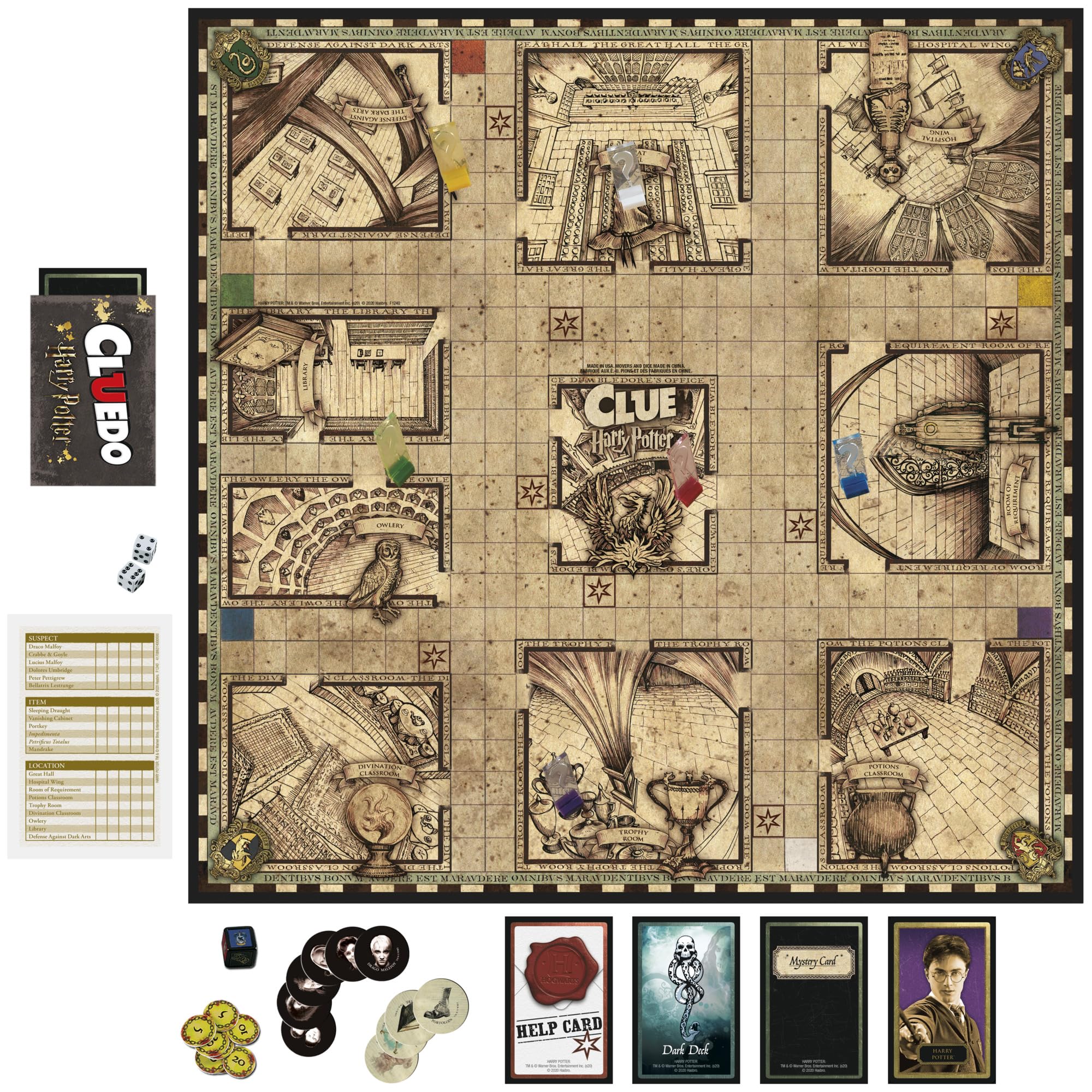 Hasbro Clue Wizarding World character pawns join the investigation on the table.