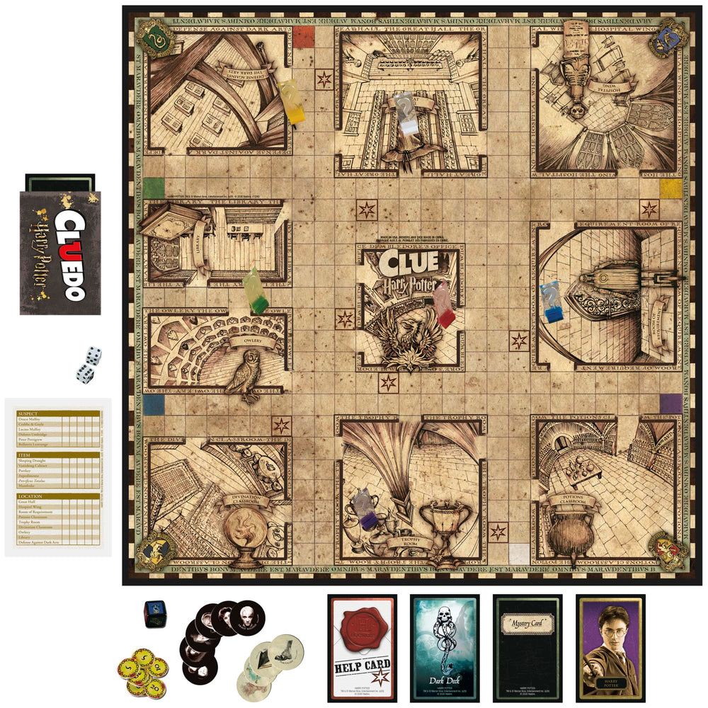 Hasbro Clue Wizarding World character pawns join the investigation on the table.