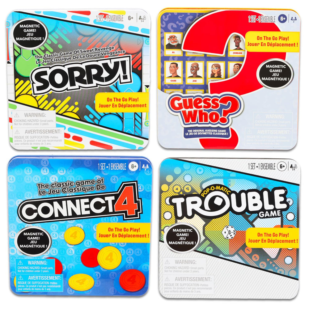 Hasbro Gaming connect 4 travel tin with colorful pieces for quick competitive play.