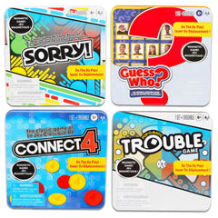 Hasbro Gaming connect 4 travel tin with colorful pieces for quick competitive play.