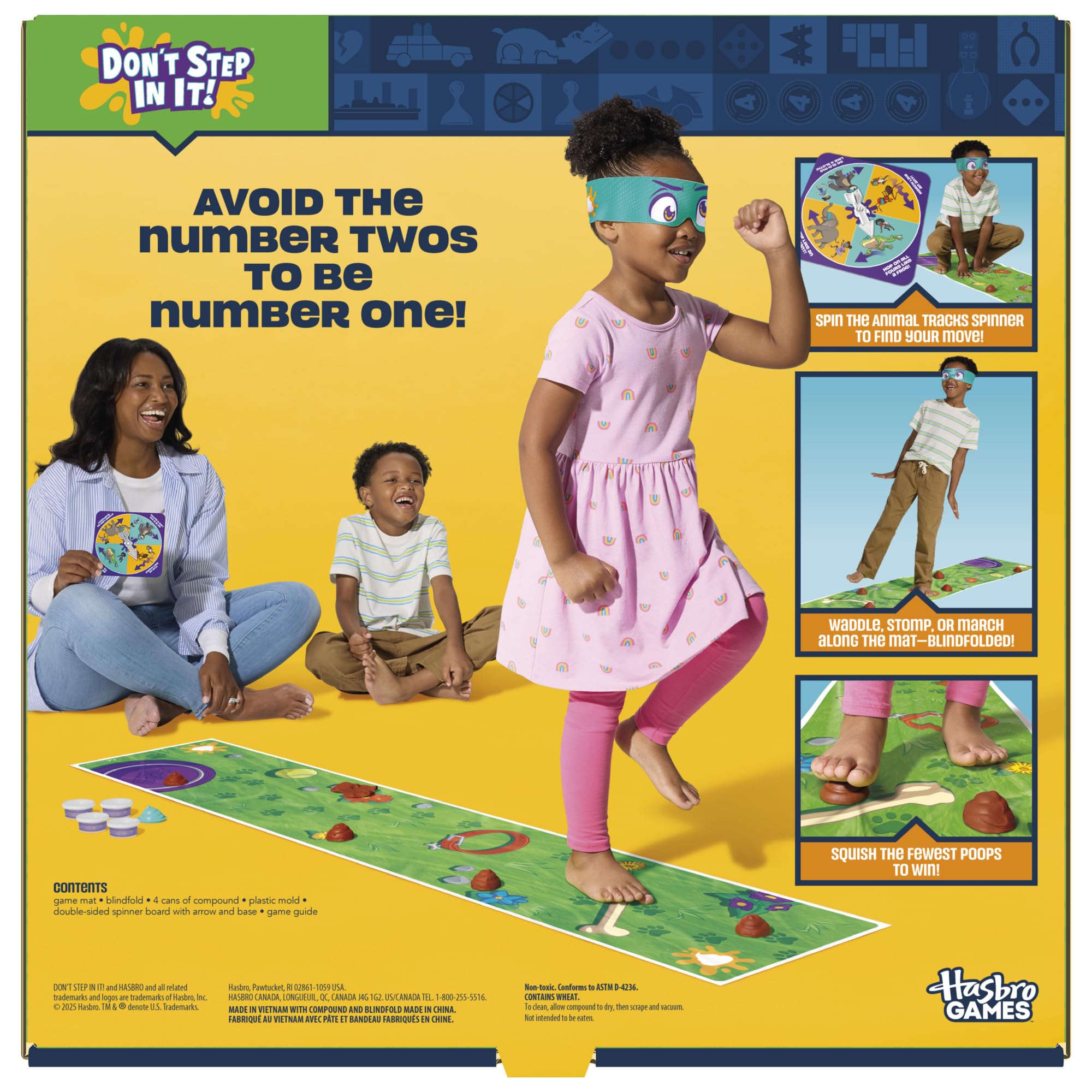 Hasbro Gaming Don't Step in It! Blindfolded player crossing the mat during play