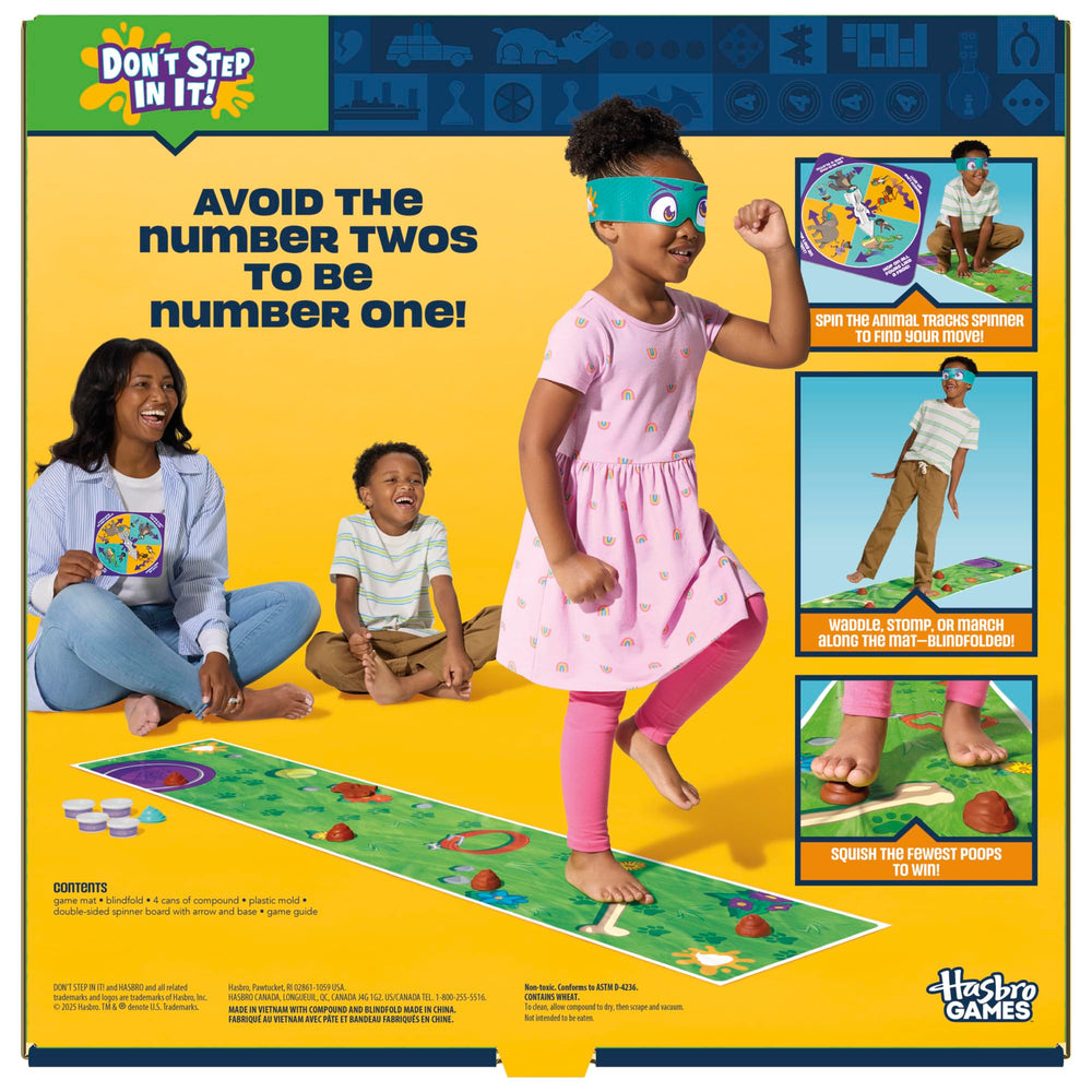 Hasbro Gaming Don't Step in It! Blindfolded player crossing the mat during play