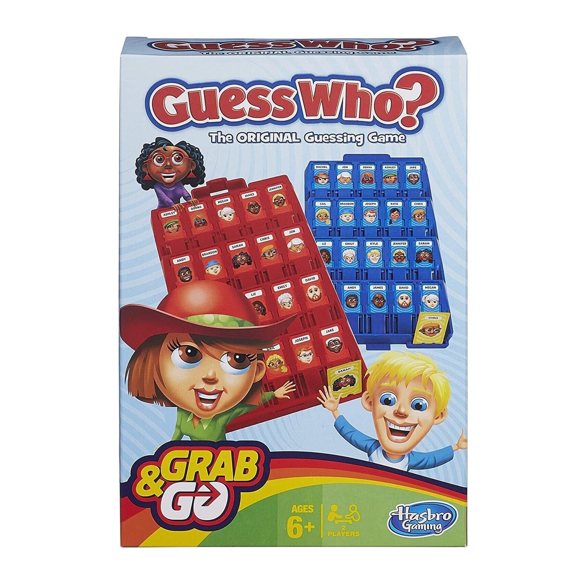 Hasbro Gaming Grab and Go Guess Who face cards with bright, recognizable characters for fast questions.