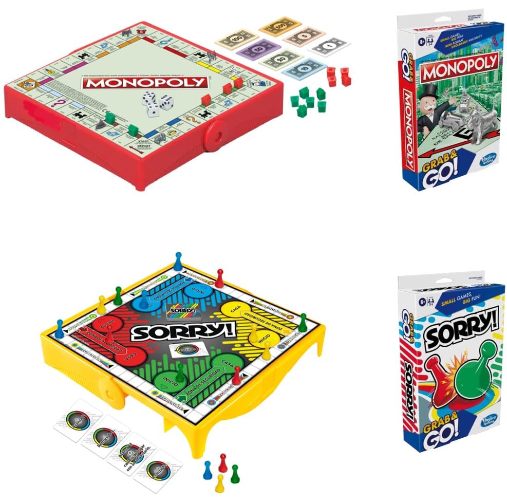 Hasbro Gaming Grab and Go Travel Games Set 5 Monopoly board ready to play while traveling.