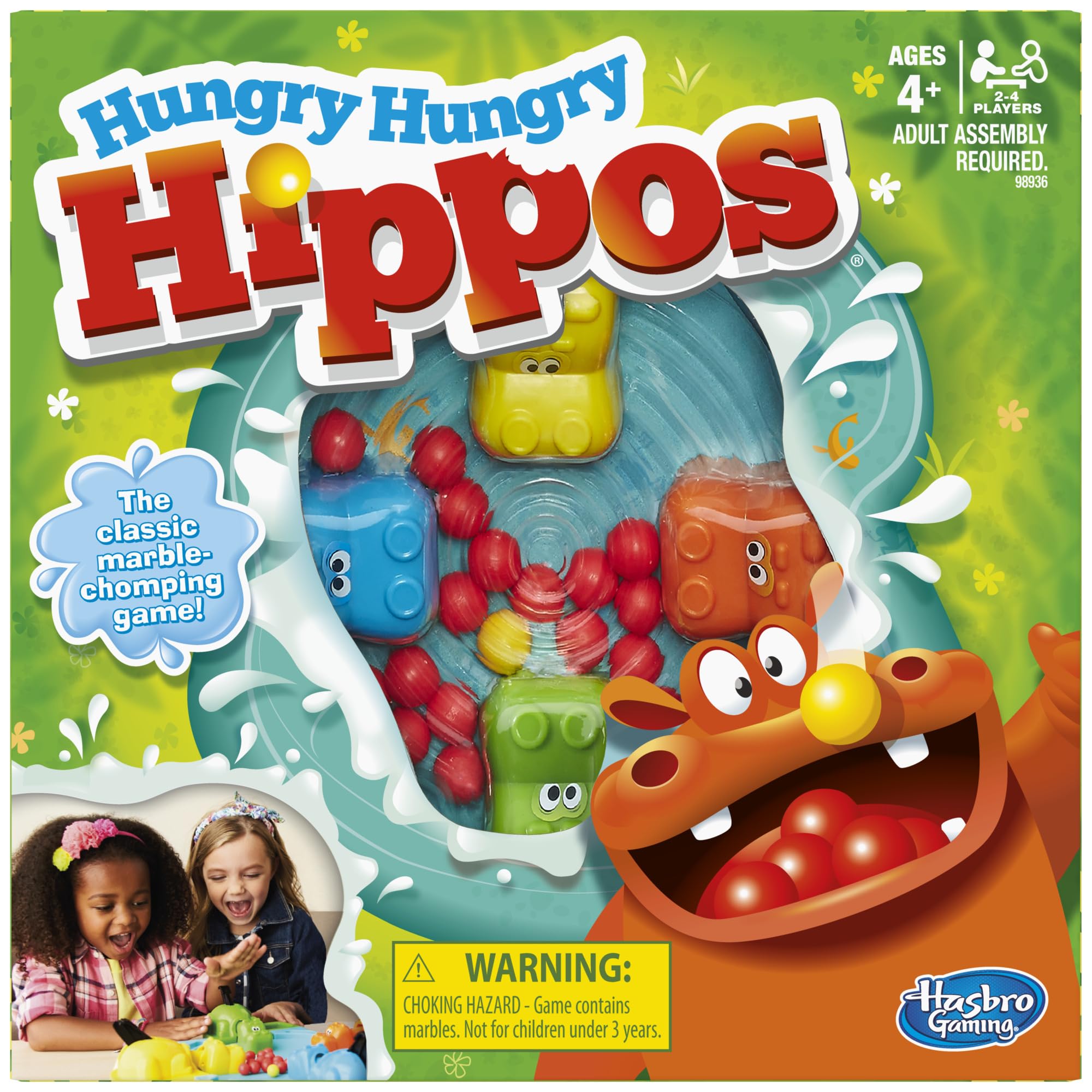 Hasbro Gaming Hungry Hungry Hippos board with hippos ready for action, ideal for family game night.