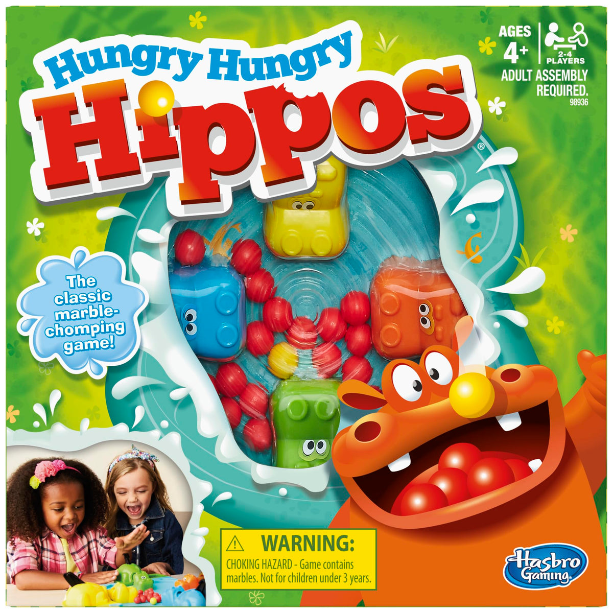 Hasbro Gaming Hungry Hungry Hippos board with hippos ready for action, ideal for family game night.