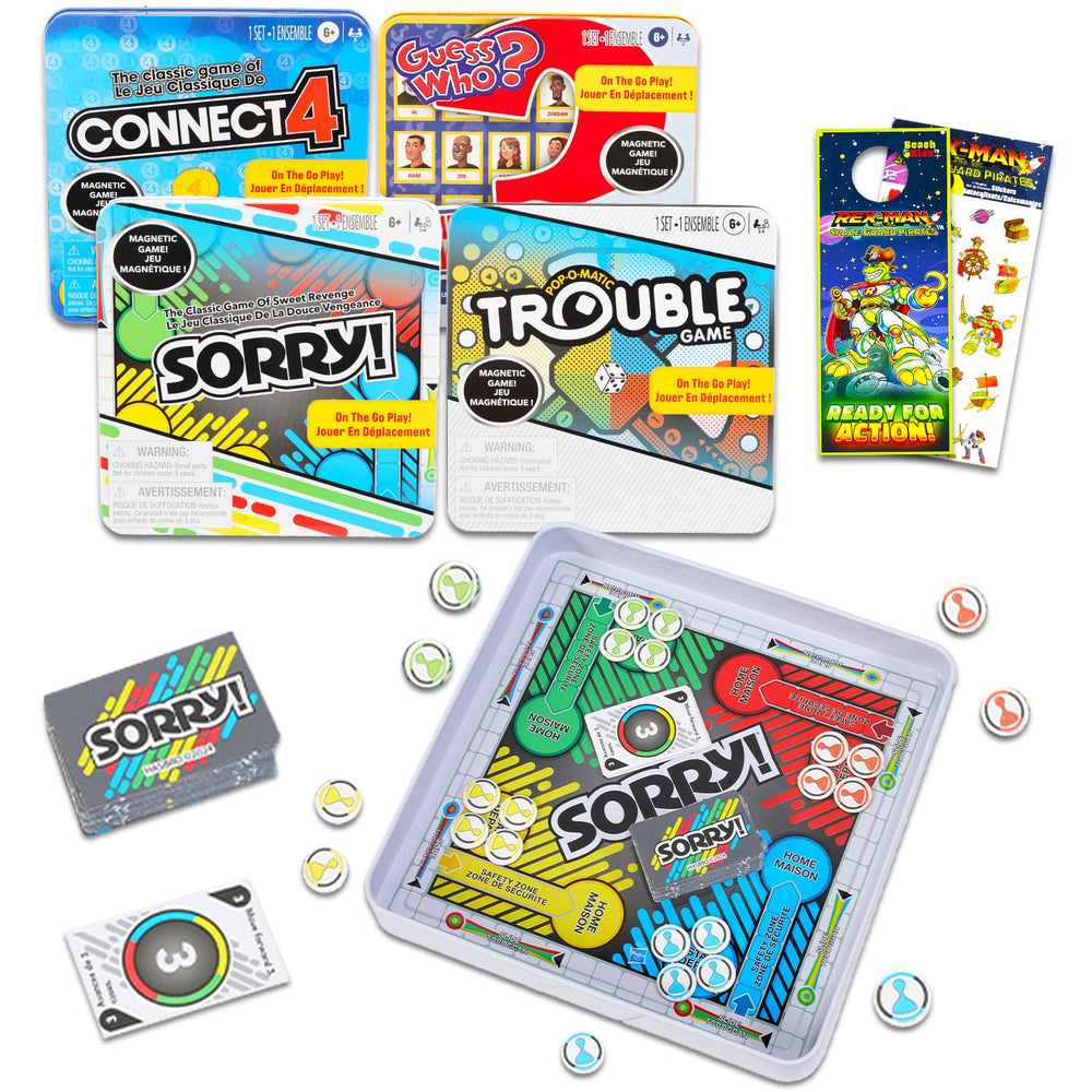 Hasbro Gaming magnetic travel set tin open showing four compact games for on-the-go fun.