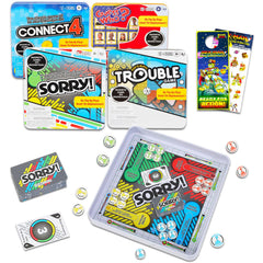 Hasbro Gaming magnetic travel set tin open showing four compact games for on-the-go fun.