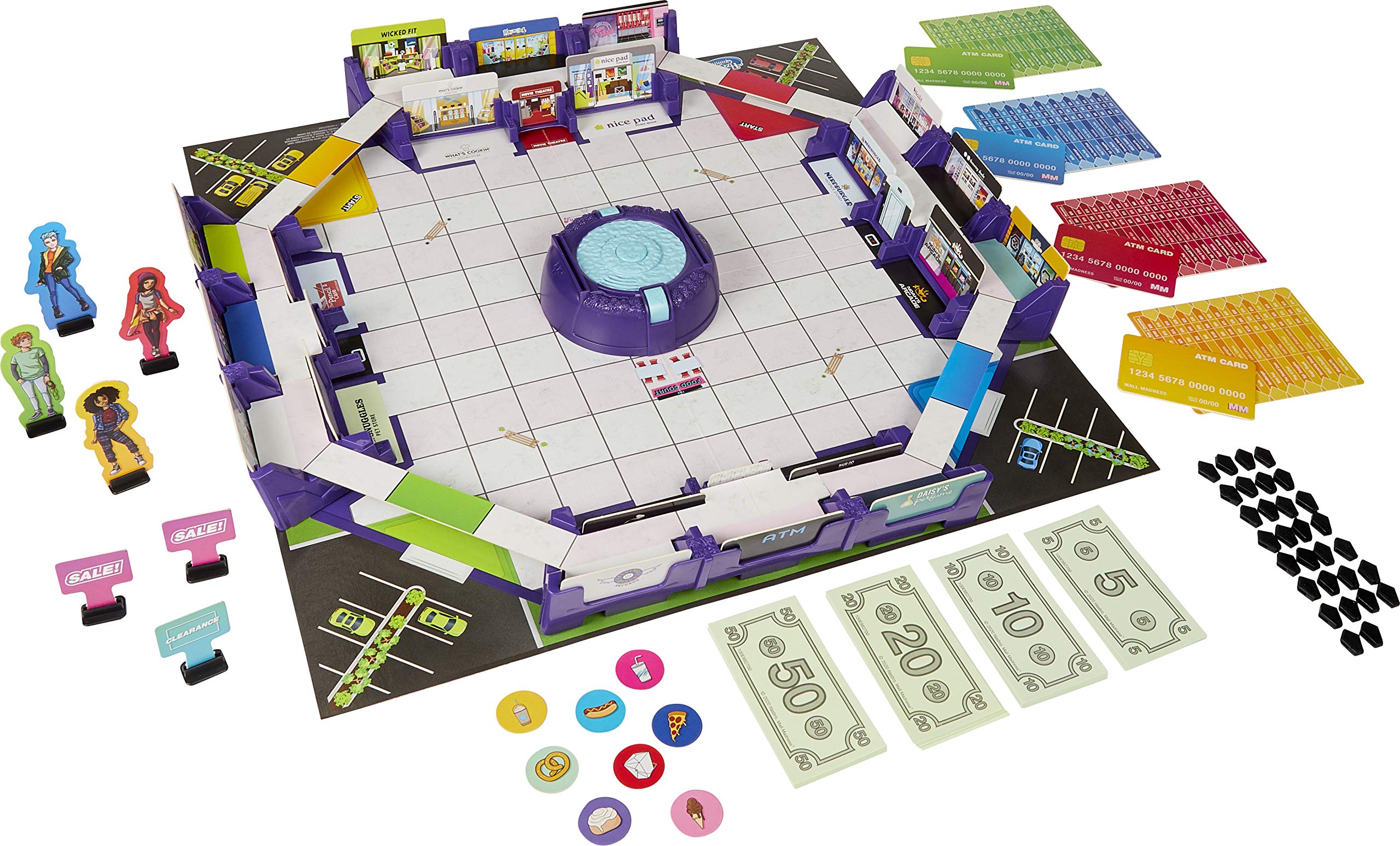 Hasbro Mall Madness 3D gameboard with stores enhances imaginative shopping play for kids.