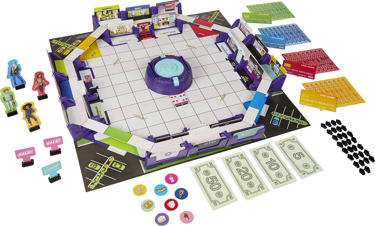 Hasbro Mall Madness 3D gameboard with stores enhances imaginative shopping play for kids.