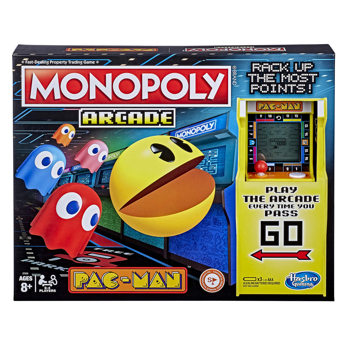 Hasbro Gaming Monopoly Arcade Pac-Man board with bold retro Pac-Man artwork for nostalgic family play.