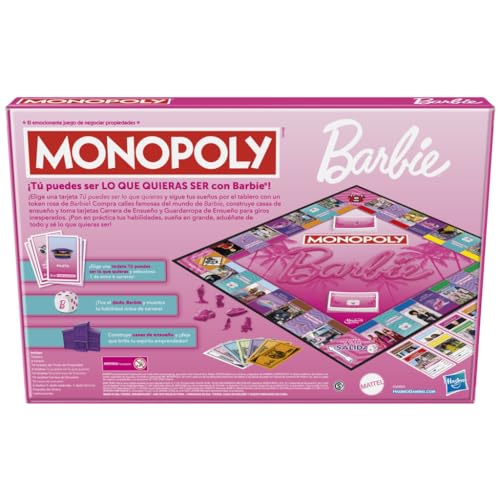 Hasbro Gaming Monopoly Barbie Fun board game dream career cards encourage role-play scenarios.