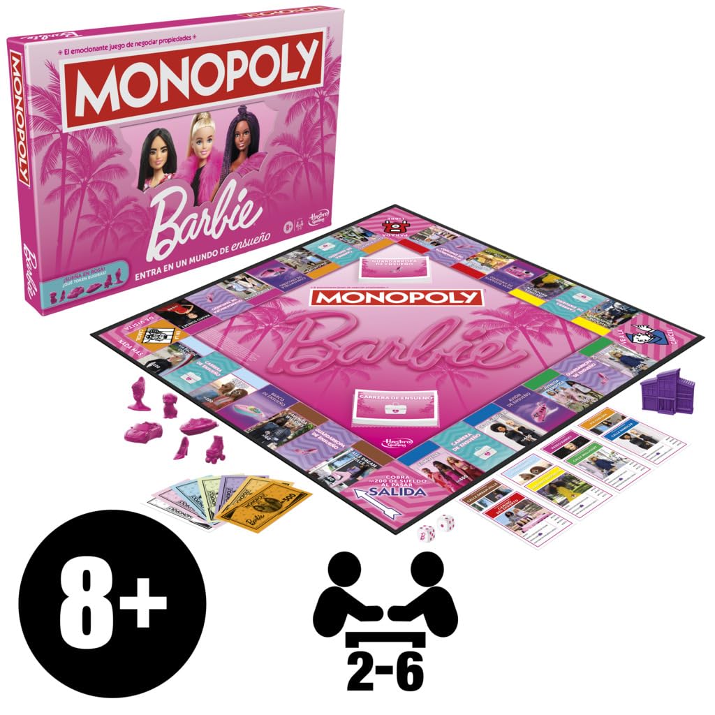Hasbro Gaming Monopoly Barbie Fun board game family-friendly setup for 2-6 players.