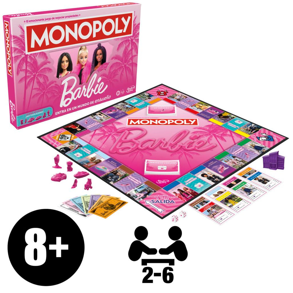 Hasbro Gaming Monopoly Barbie Fun board game family-friendly setup for 2-6 players.