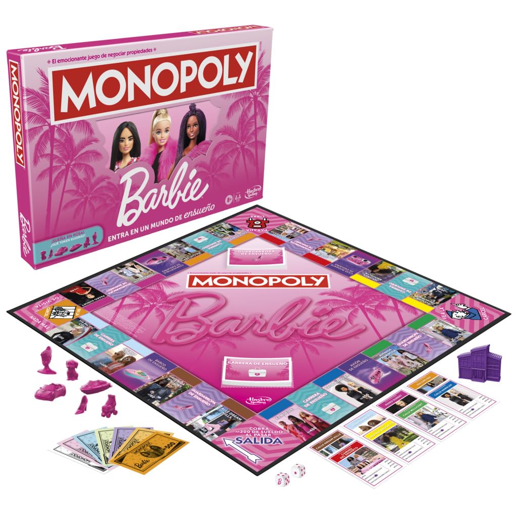 Hasbro Gaming Monopoly Barbie Fun board game pink tokens enhance gameplay with iconic Barbie flair.