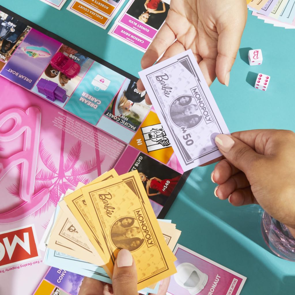 Hasbro Gaming Monopoly Barbie Fun board game rent and money tracking adds strategy.