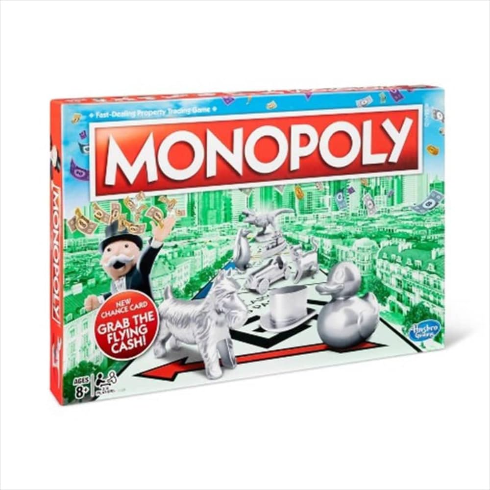 Hasbro Gaming Monopoly Classic Game box for family night and quick setup.