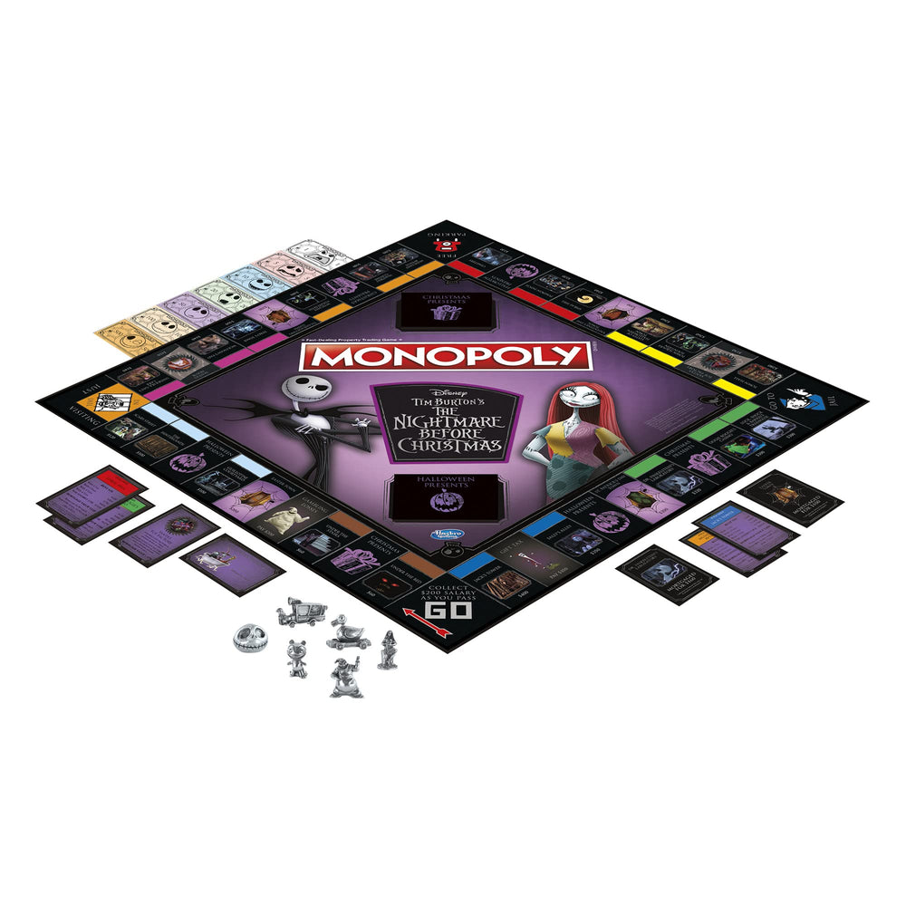 Hasbro Gaming Monopoly Disney Nightmare board setup showing Halloween Town landmarks for immersive play