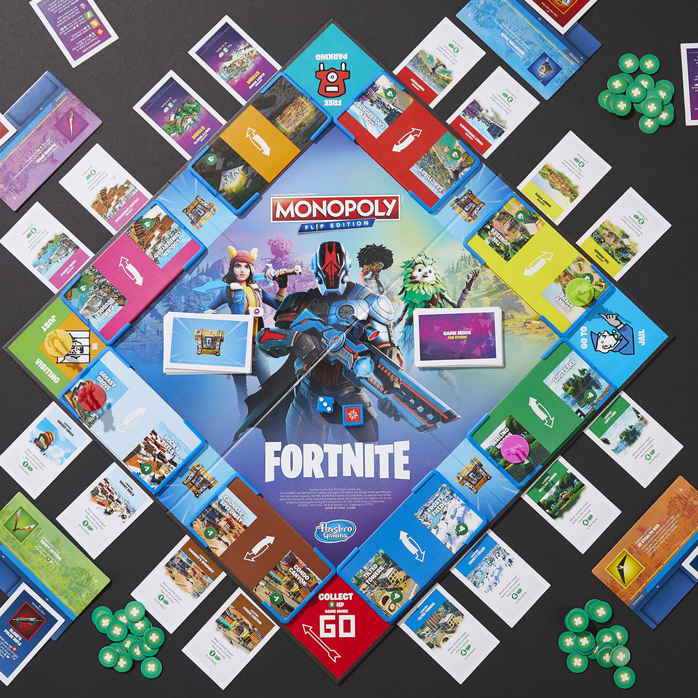 HP chips on Hasbro Monopoly Flip Edition board for survival-style scoring