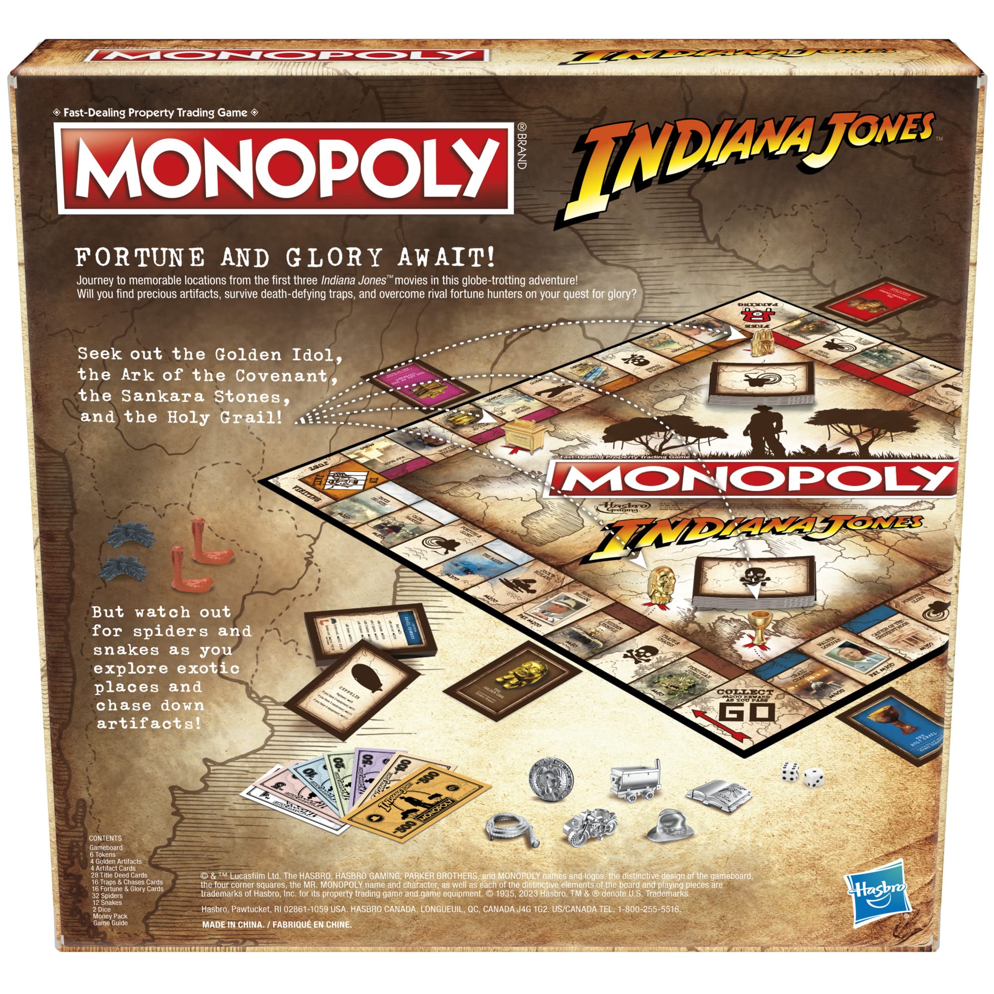 Hasbro Gaming Monopoly Indiana Jones Edition token-hat sits on the board for iconic role-play moments.